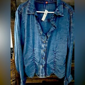 Anthropologie Denim Ruffle Top Blouse